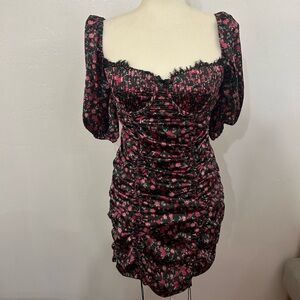 For Love & Lemons Black Mini Dress with Pink Floral Print